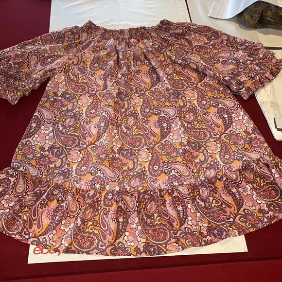 XL Pink Peach Paisley DRESS Wide Stretch Neck Ruffle Trumpet Sleeve RUFFLE HEM - Picture 11 of 14